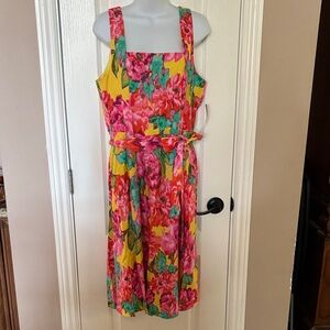 London Times Multicolor Floral Flare Midi Pockets Linen Sun Dress Size 14 NWT